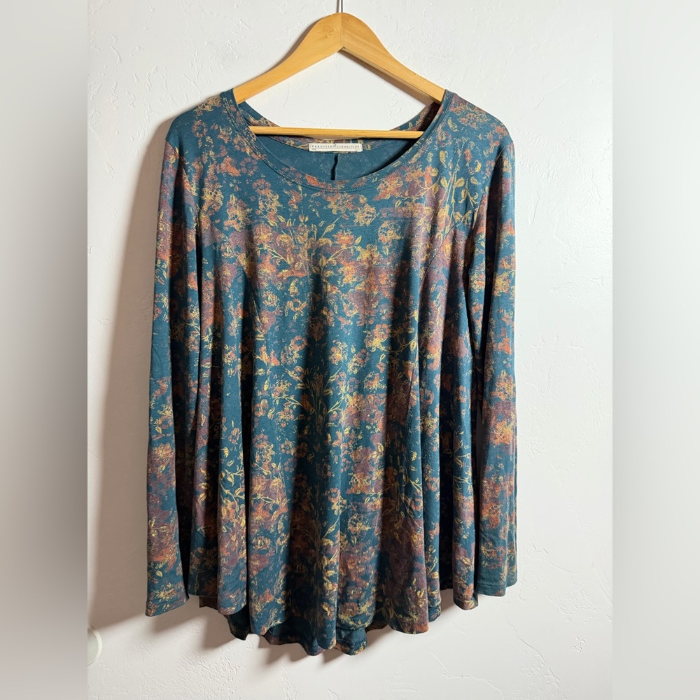 Peruvian Collection Blue Green Floral Cotton Tunic Blouse XS/S